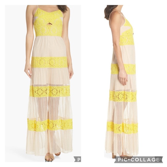 Foxiedox Mia Two-Tone Yellow & Ecru Lacey Crochet Detail Maxi Dress Size Large - Picture 2 of 15